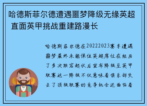 哈德斯菲尔德遭遇噩梦降级无缘英超 直面英甲挑战重建路漫长